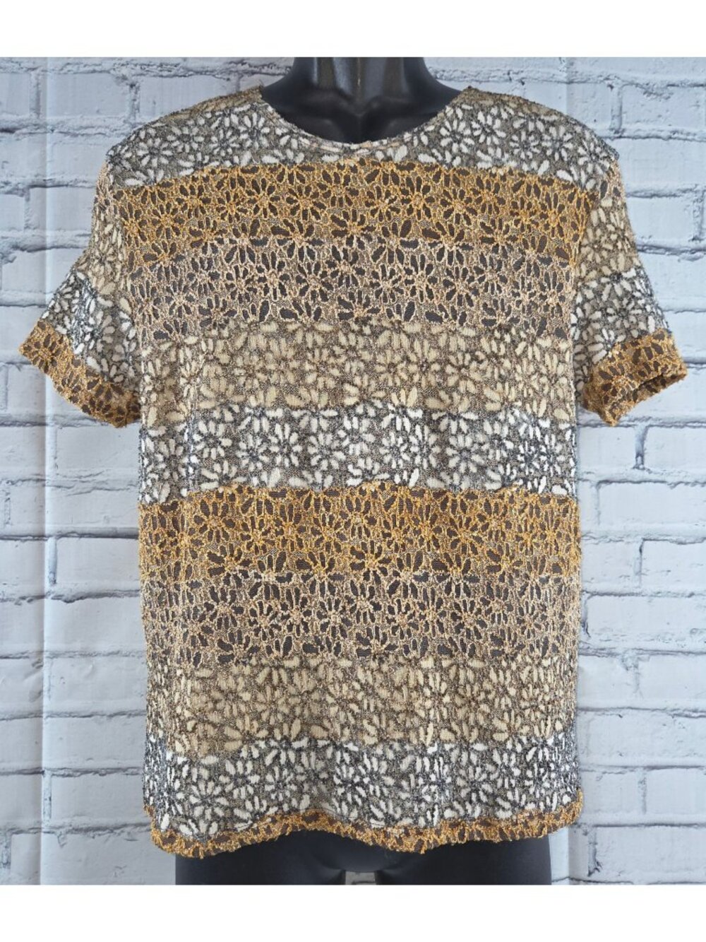 Kathie Lee Collection Floral Lace Blouse Top Medium Gold/Beige/Brown